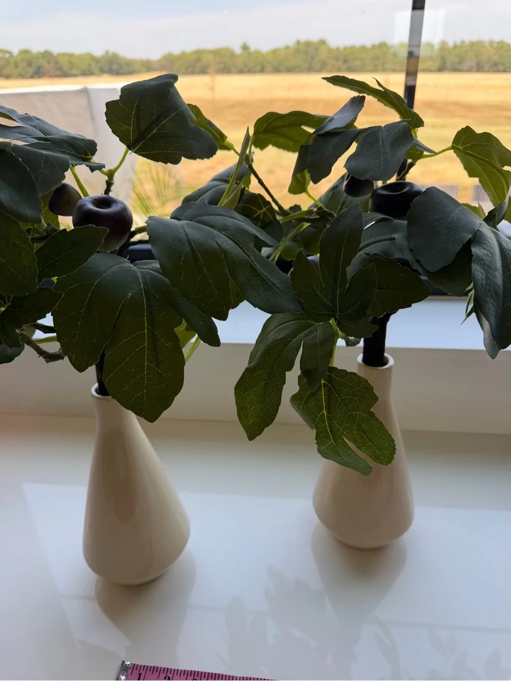 Cream Ceramic Bud Vases with Green Faux Foliage - Decorative Home Accent